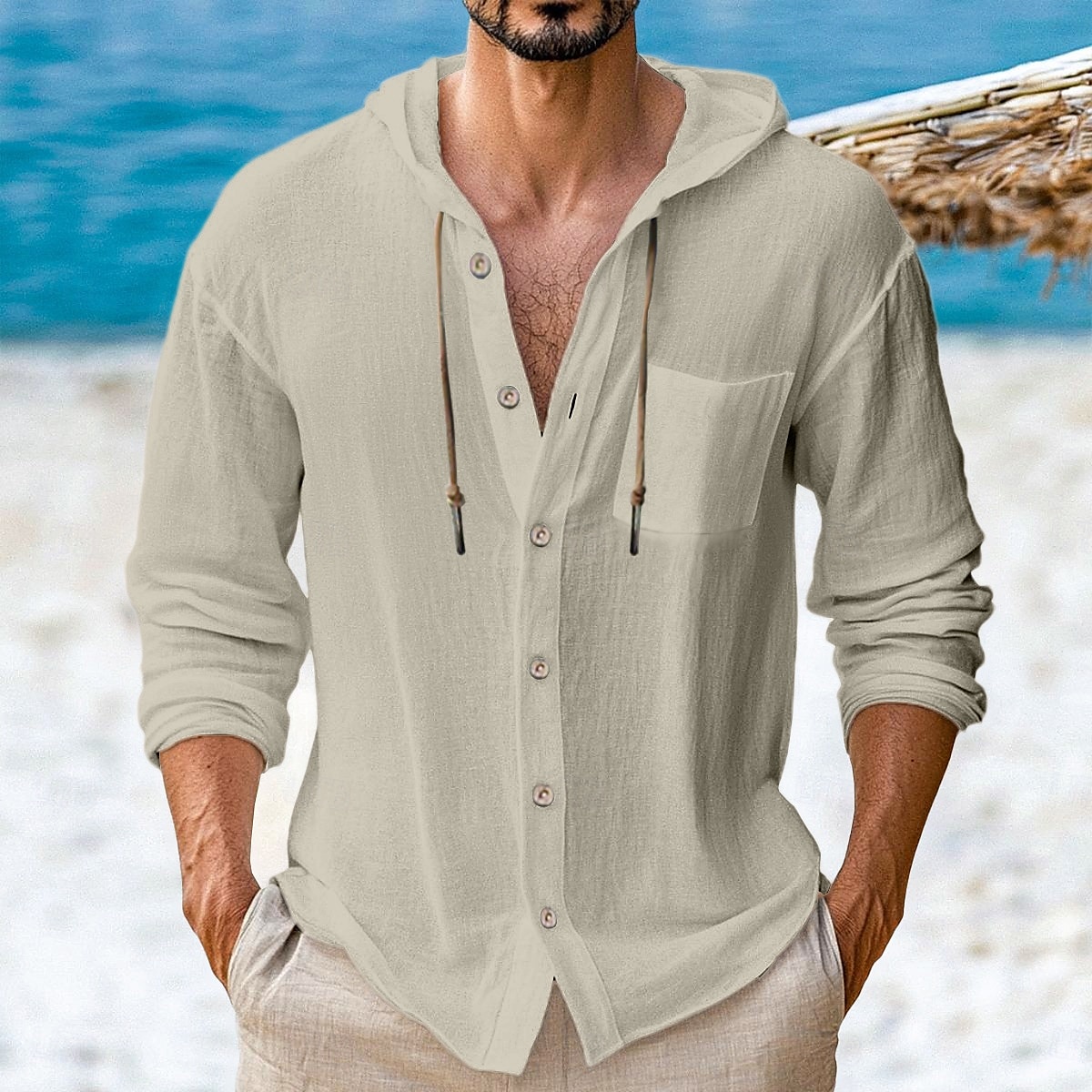 Men's Shirt Linen Shirt Beach Wear Button Up Shirt Hooded Shirt Plain Vacation Casual Black White Green Khaki Long Sleeve Hooded Spring & Summer Clothing Apparel Buttons 2026 - $25.99 –P5