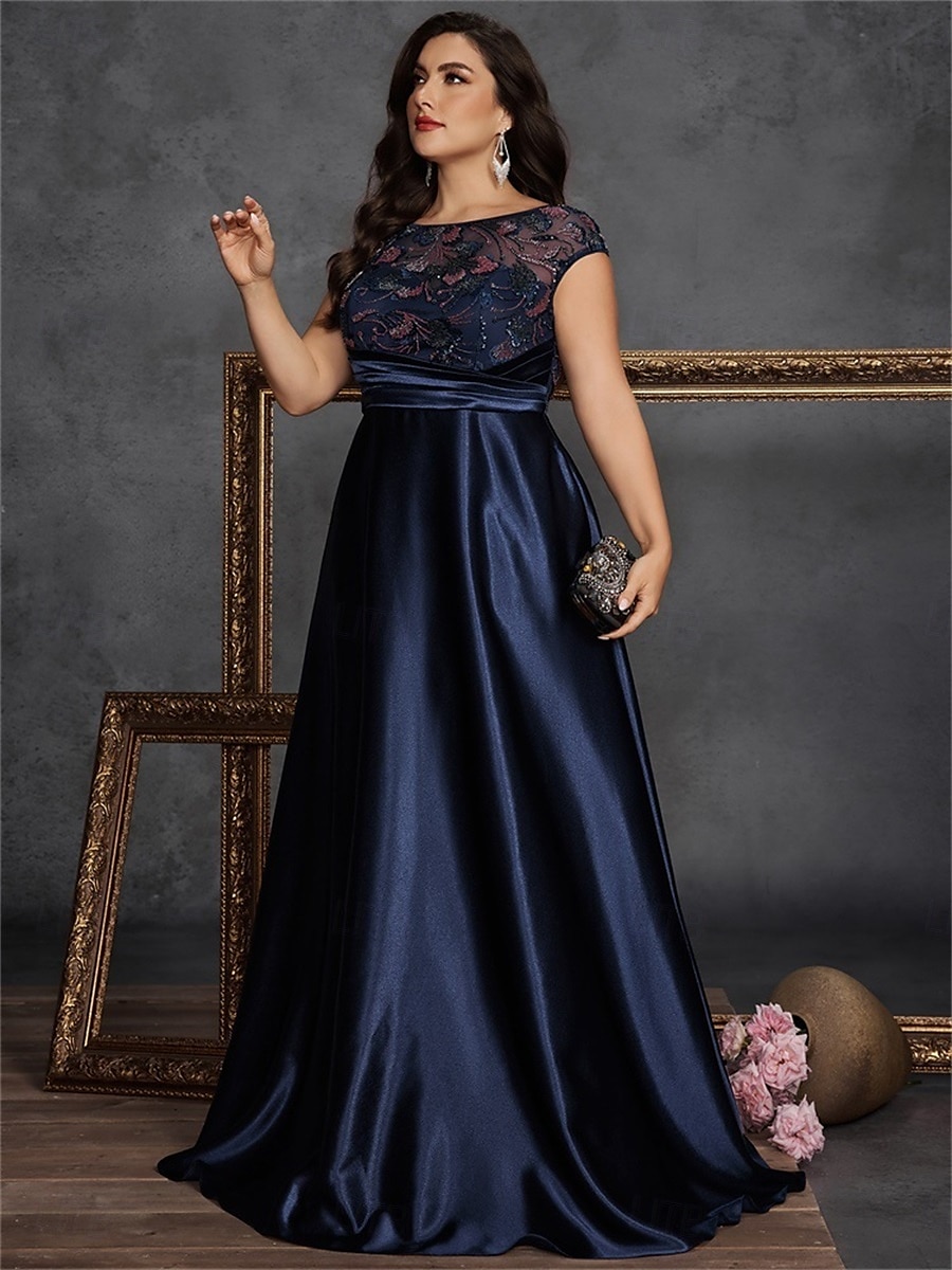 Robe A-Line grande taille élégante robe courbée formelle de mariage longueur de sol sans manches col rond satin avec plis de 2025 ? $125.99 –P3