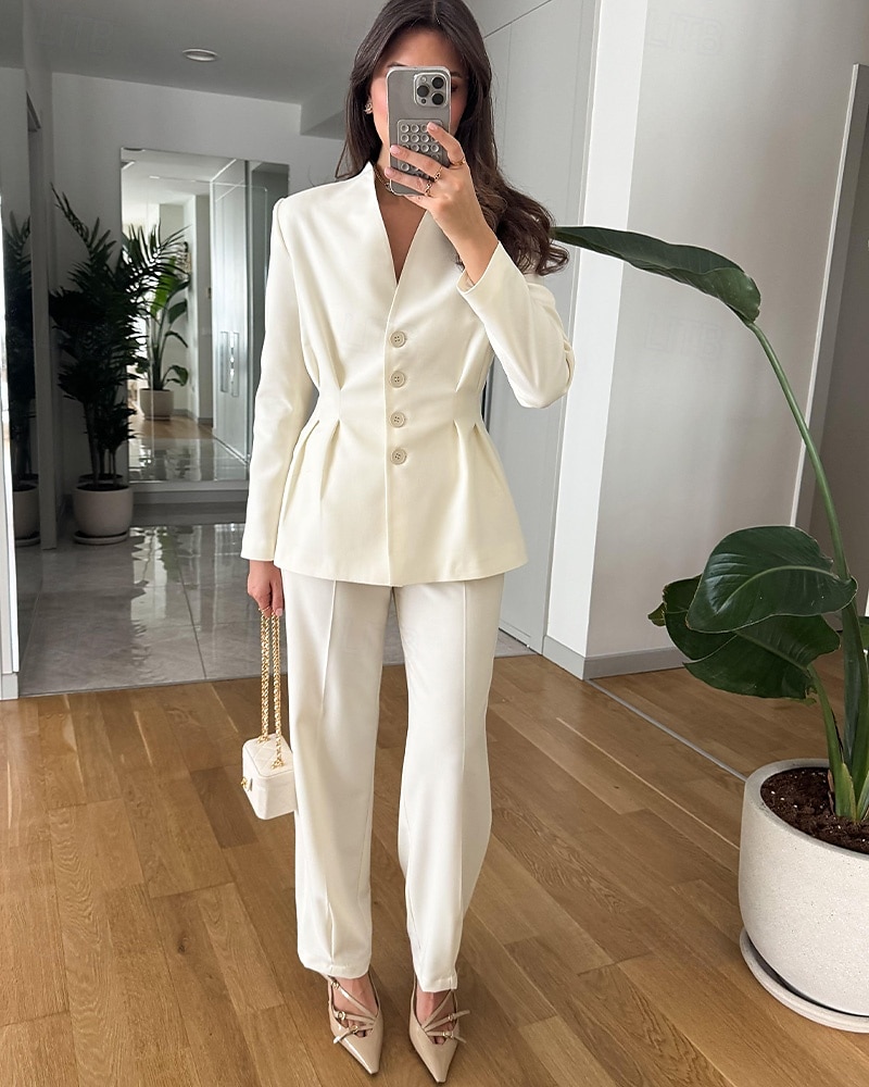 Macacão  Conjunto de Calças 2 Peças Conjunto de Mãe da Noiva Conjunto de Calças com Blazer Sem Gola Elegante Vintage Simples Mangas Longas Comprimento do Chão Calças com Detalhes de Pregas de 2025 por $169.99 –P1