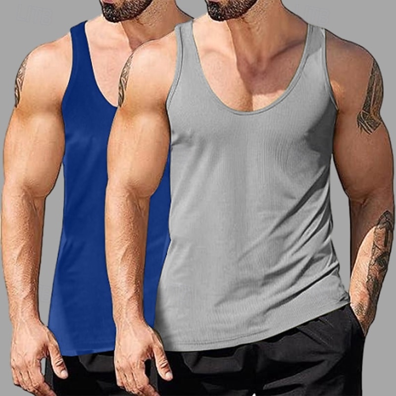 2PCs Men's Tank Top Undershirt Sleeveless Shirt Wife beater Shirt Sleeveless Deep U Scoop Neck Scoop Neck Summer Solid Color Plain Pit Strip Fashion Designer Sporty Ribbed Plain Casual Tank top 2026 - $20.99 –P5