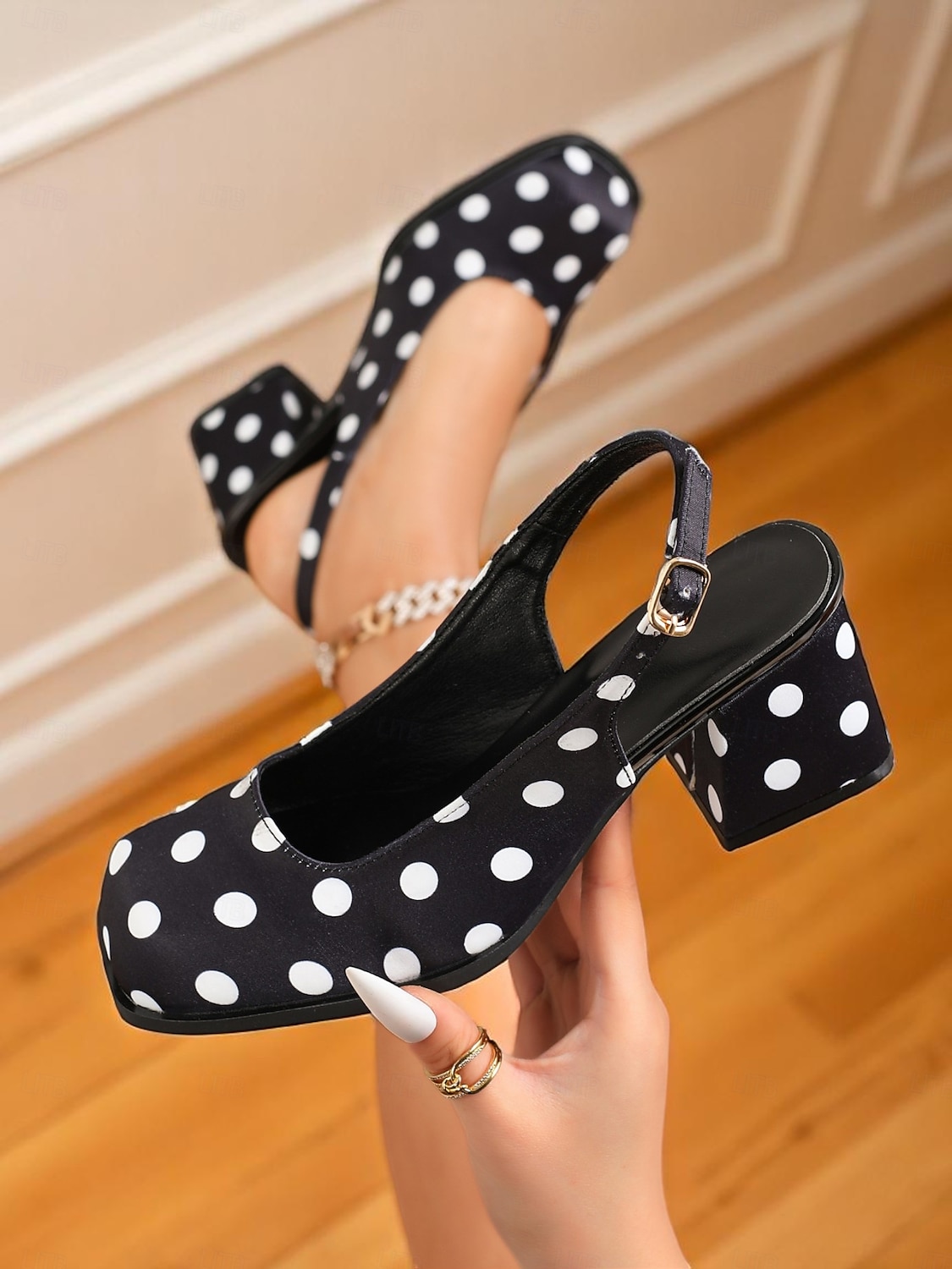 női fekete-fehér pöttyös, slingback blokk sarkú cipők – retró vintage stílusú elegáns cipők partikra, irodába és mindennapi viseletre 2025 - $42.99 –P2