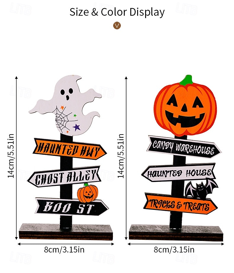 2025年 ハロウィーンの木製卓上装飾2個、木とゴーストが付いたカボチャの文字サイン、ハロウィーンパーティーのディスプレイ用の不気味なスタンディングデコレーション  コレクション – $9.99 –P1