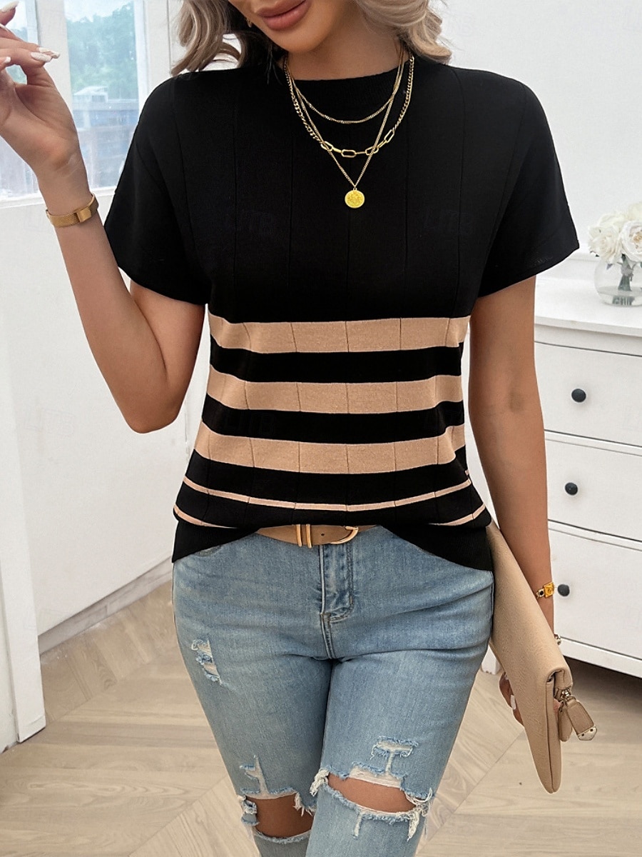 Dame Bluse Stripet Stilfull Fritid Kortermet Crew-hals Vanlige topper Daglig Lapper Svart Hvit Brun Kakifarget Sommer 2025 - $28.99 –P21