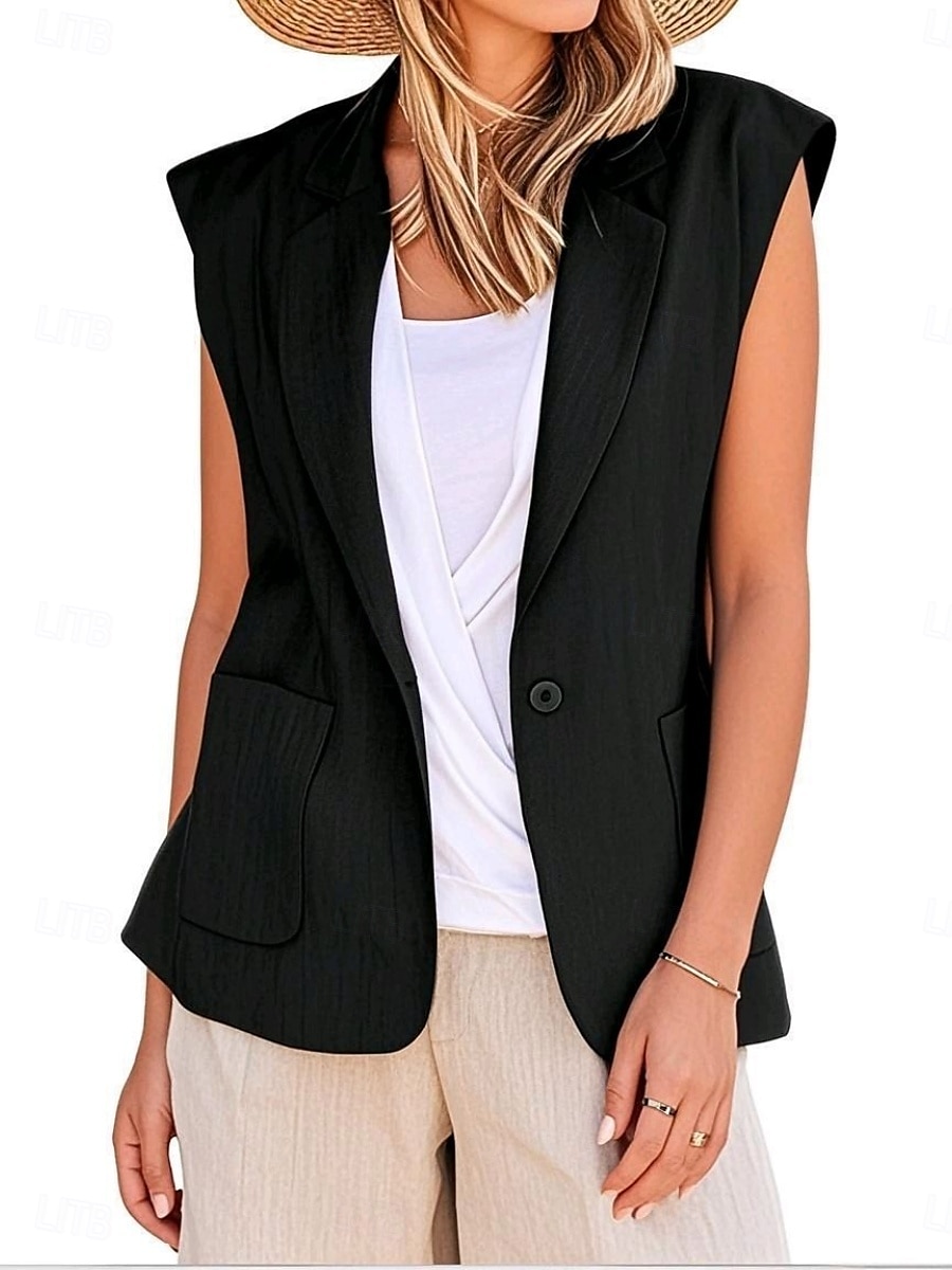 Mujer Chaleco chaqueta Cómodo Transpirable Bolsillo Moderno Casual Plano Oficina Calle Casual Ropa Cotidiana Botonadura Simple Regular Escote en Pico Ajuste regular Sin Mangas Ropa de calle Negro 2025 - $24.99 –P3
