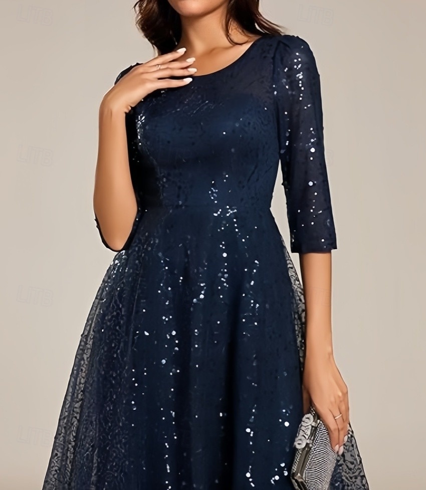 A-Line Wedding Guest Dresses Elegant Dress Wedding Guest Homecoming Knee Length Half Sleeve Crew Neck Sequined with Pleats Sequin 2025 - $140.99 –P4