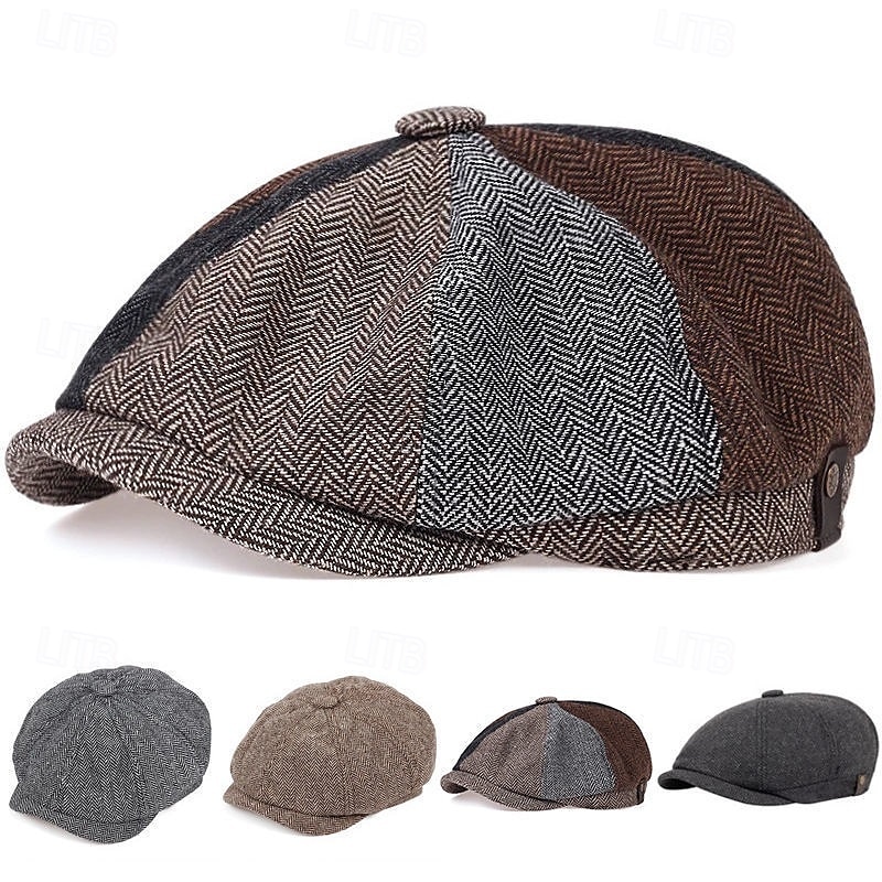 pánská vintage patchwork plochá kšiltovka rybí kosti – klasický tvídový newsboy klobouk na podzim a zimu 2025 - $14.99 –P2