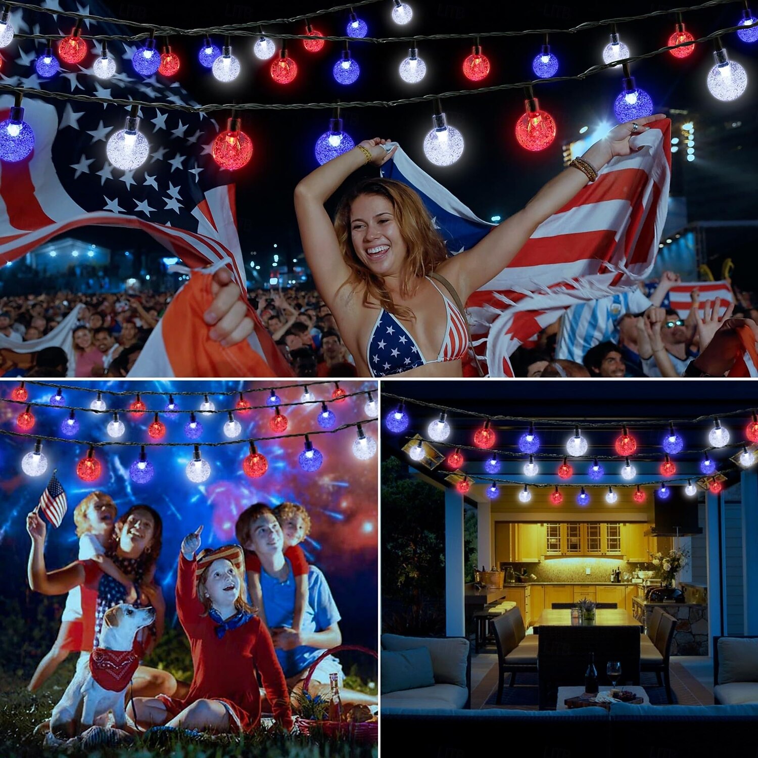 1 Stück 12 m - 100 LED-Perlen, solarbetriebene patriotische Lichterketten für den Außenbereich, wasserdicht, 4. Juli, Unabhängigkeitstag, rot-weiß-blaue Blasenkugel-Lichterkette, Hof, Gartenzaun, Balkon, Party, patriotische Atmosphäre 2025 - $23.99 –P2