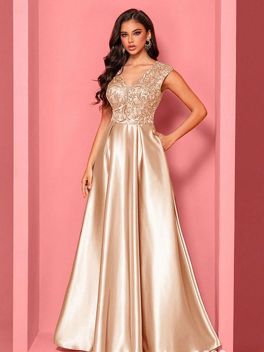 A-Linje Quinceanera Klänningar Elegant Klänning Formell Bröllop Golvlängd Ärmös V-Hals Polyester med Veck 2025 - $109.99 –P2