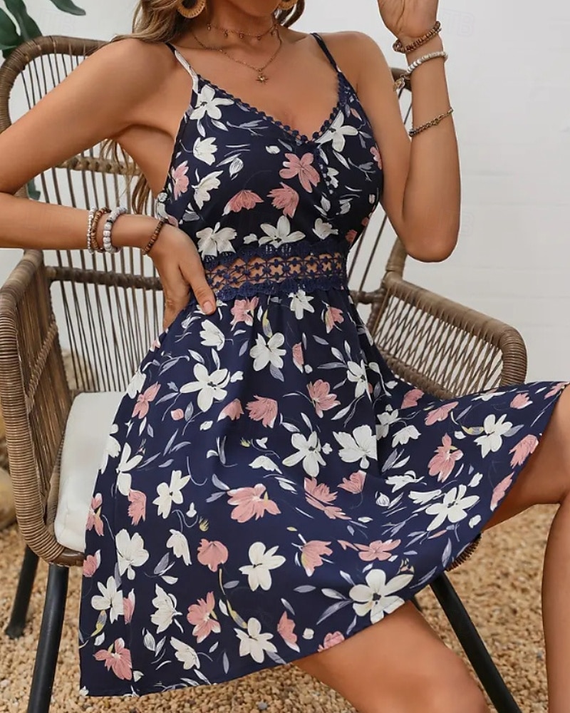 Femmes Mini Robe Robe Fleurie Robe d'été Robe Nuisette Robe Imprimée Classique Moderne Vacances Sortir Week-end Coupe régulière Fleur Sans manches Bretelles spaghetti Noir Bleu de minuit Été de 2025 ? $22.99 –P4