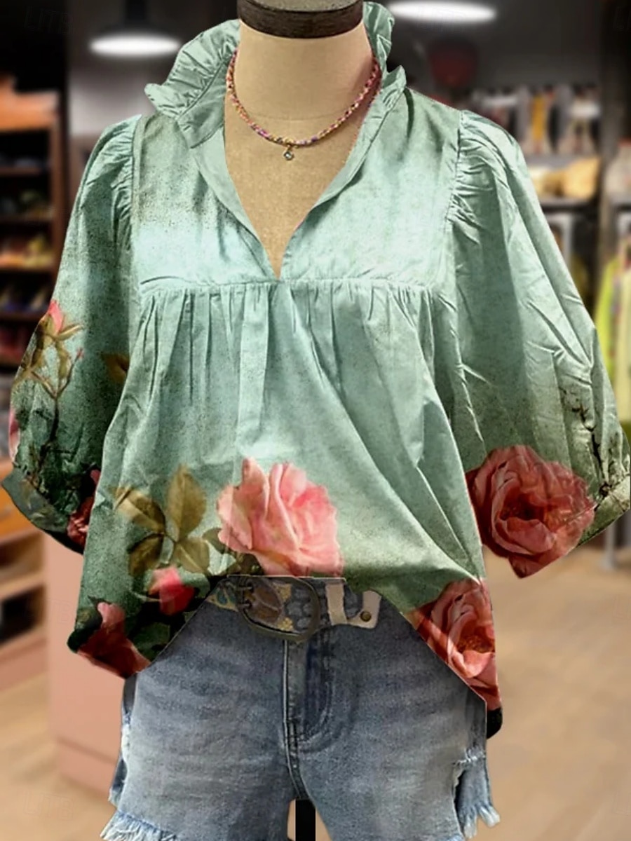 Dames Overhemd Bloemig Stijlvol Modern Boho Halve mouw V-hals Normale tops Dagelijks Feestdagen Afdrukken Blozend Roze Marineblauw blauw Groen Khaki Zomer 2025 - $22.99 –P3