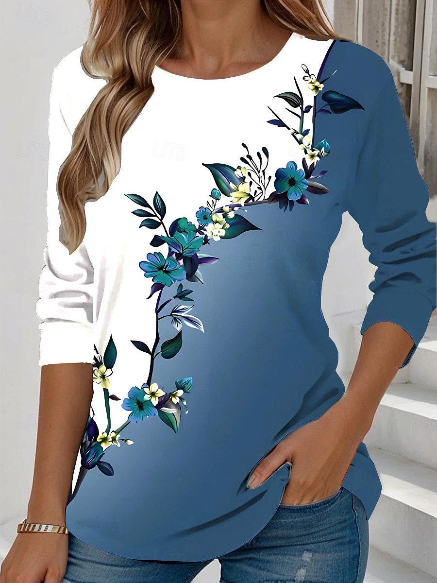 Femmes T-shirt Fleuri Graphique Plantes ancien Élégant Classique manche longue Col ras du cou Col rond Hauts Réguliers Quotidien Week-end Imprimé Jaune Vert Claire Bleu Bleu Ciel Violet Été de 2025 ? $23.99 –P7