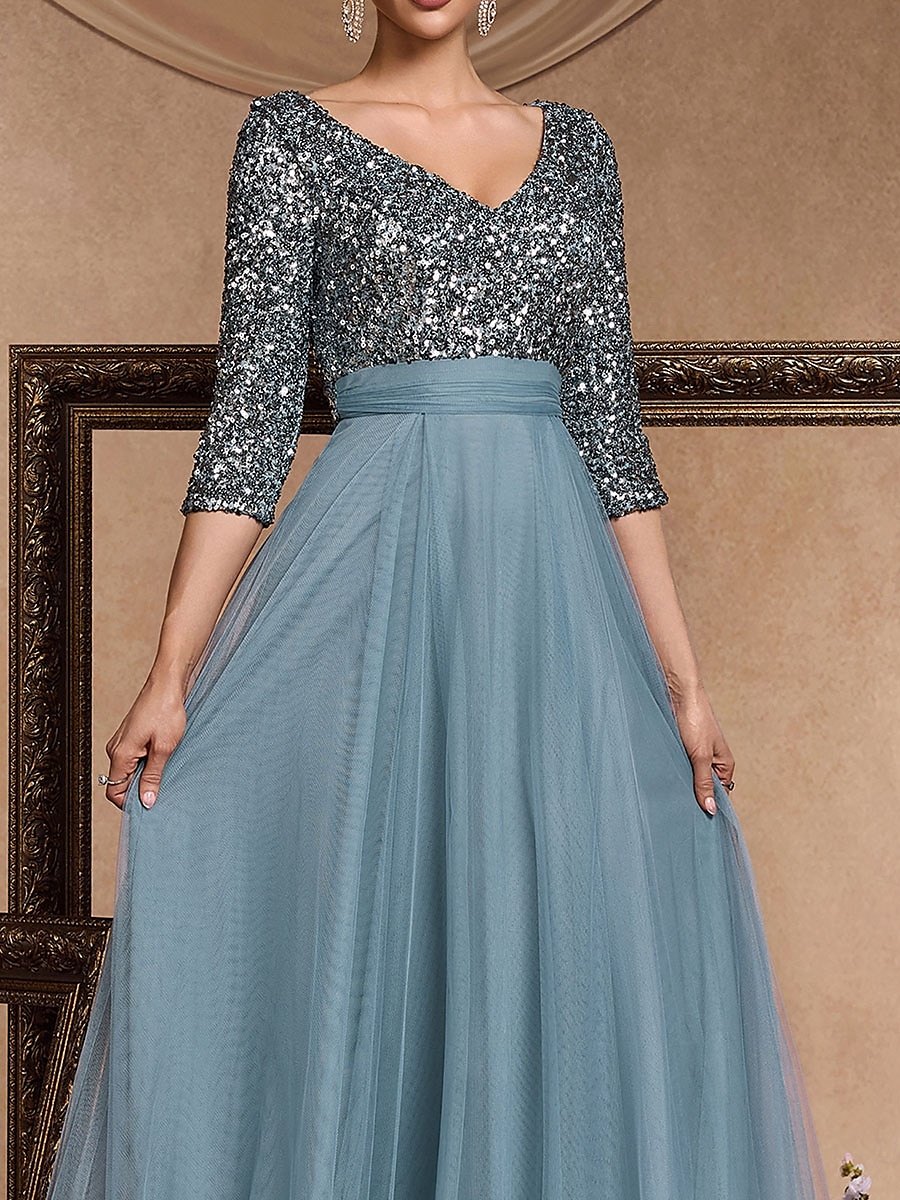 Vestido de Gala em A Vestido Elegante Formal Casamento Comprimento do Chão Manga 3/4 Decote em V Com Lantejoulas com Lantejoulas de 2025 por $119.99 –P4