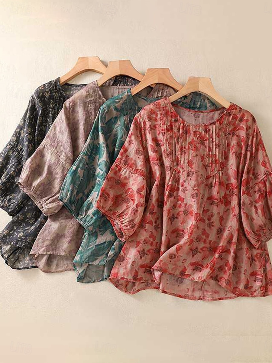 Femmes Chemises en coton et lin Fleuri Occasionnel Manche 3/4 Col ras du cou Hauts Réguliers Quotidien Imprimé Noir Rouge Violet Vert Été de 2025 ? $26.99 –P1