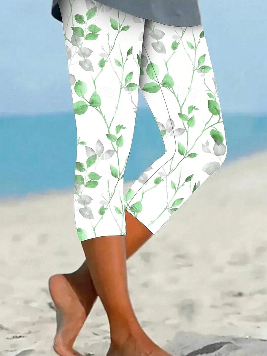 Women's Leggings Vacation Vintage Basic Calf-Length High Waist Graphic Leaf Breathable Quick Dry Soft Stretchy Casual Daily Holiday Robin's Egg Blue Yellow Red Green Summer Spring Slim Fit 2025 - $18.99 –P4