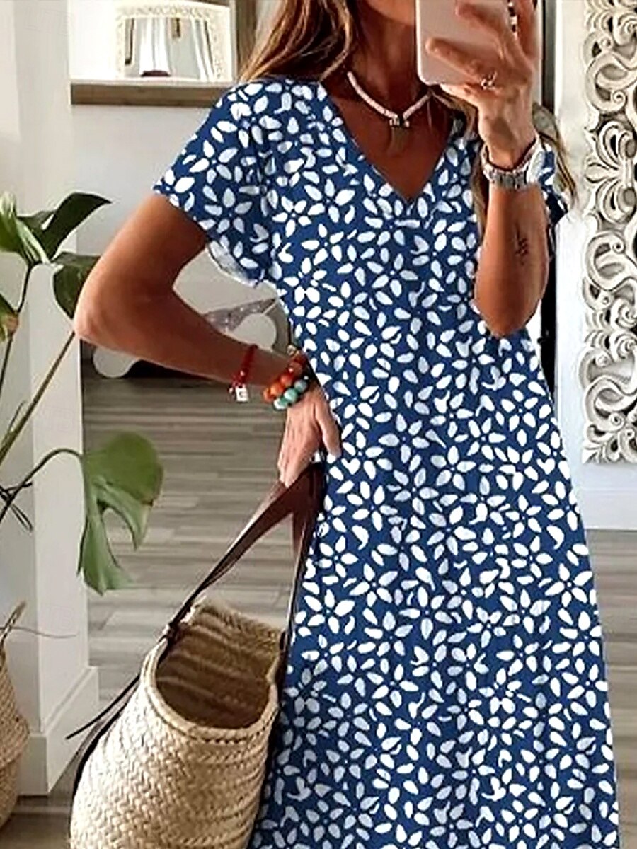 Femmes Robe maxi Robe Décontractée Robe d'Été Robe trapèze Élégant Vacances Occasionnel Fête Plage Coupe régulière Fleuri Graphique Manche Courte Col en V Blanche bleu marine Été Printemps de 2025 ? $28.99 –P5