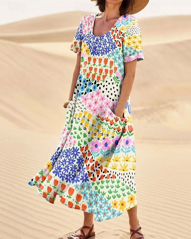 Women's Long Dress Maxi Dress Casual Dress Swing Dress Summer Dress Elegant Fashion Romantic Outdoor Party Holiday Regular Fit Flower Short Sleeve Crew Neck Blue Rainbow Gray Summer 2026 - $26.99 –P1