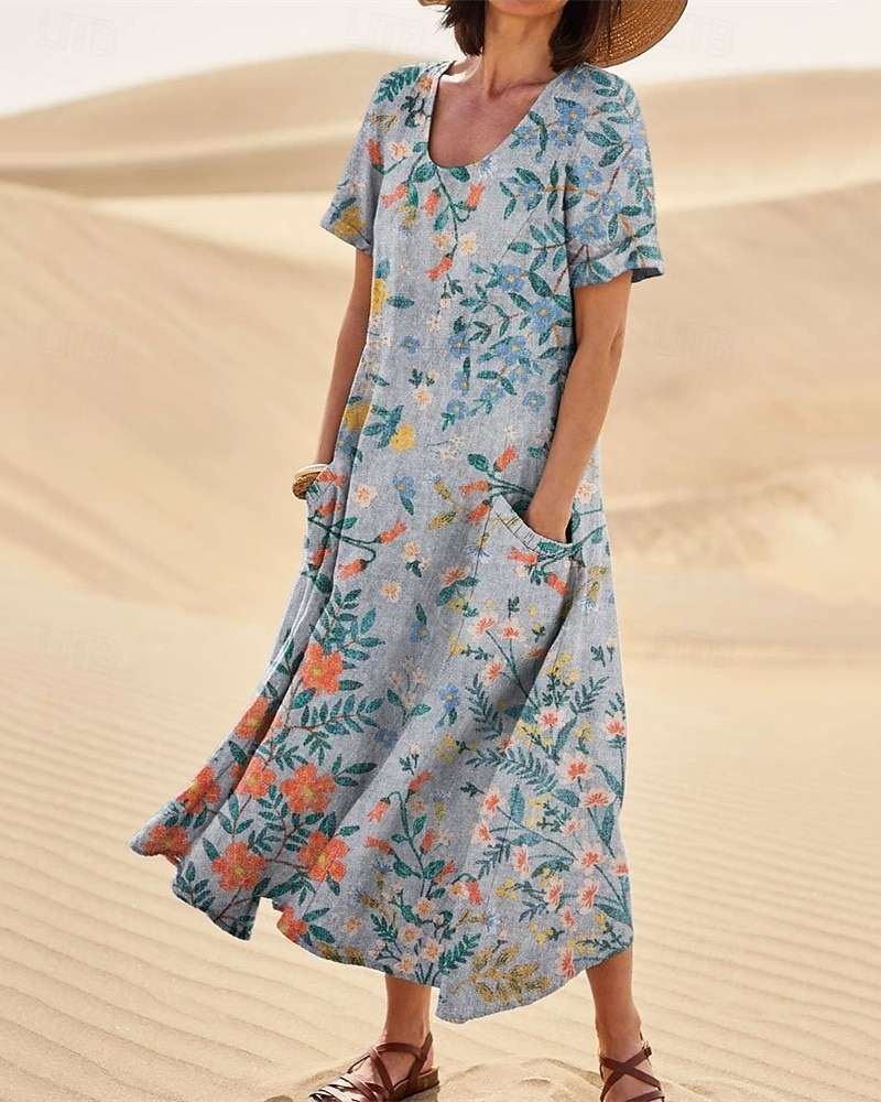 Women's Long Dress Maxi Dress Casual Dress Swing Dress Summer Dress Elegant Fashion Romantic Outdoor Party Holiday Regular Fit Flower Short Sleeve Crew Neck Blue Rainbow Gray Summer 2026 - $26.99 –P2