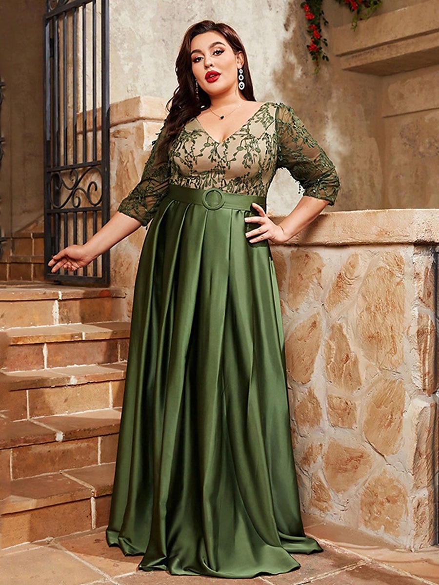 Abito da sera A-Line elegante abito formale da matrimonio lungo fino al pavimento maniche a 3/4 scollo a V satinato schiena a V con pieghe del 2025 a $129.99 –P6
