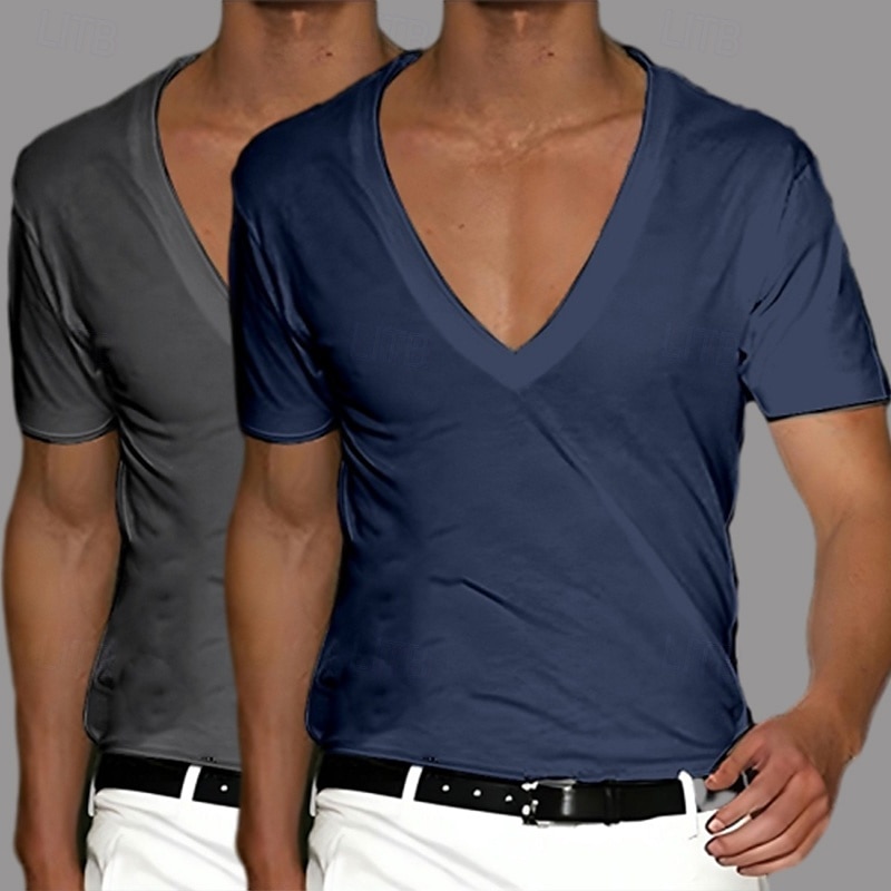 2 Stück Herren T-Shirt Tee Top Kurzarm Kurzarm V-Ausschnitt Sommer Frühling Unifarben Designer Basic Modern Zeitgenössisch Klassischer Stil Basic Urlaub Street Casual Schwarz Weiß Tee 2025 - $17.49 –P9