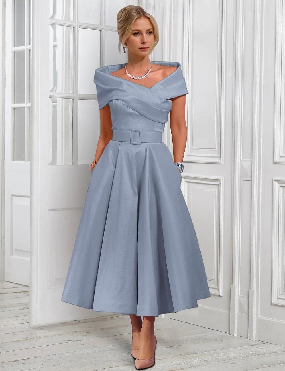 A-Line Cocktail Dresses Elegant Dress Formal Wedding Tea Length Midi Length Sleeveless Adjustable Cover Buttons Off Shoulder Satin with Pleats 2025 - $128.99 –P6