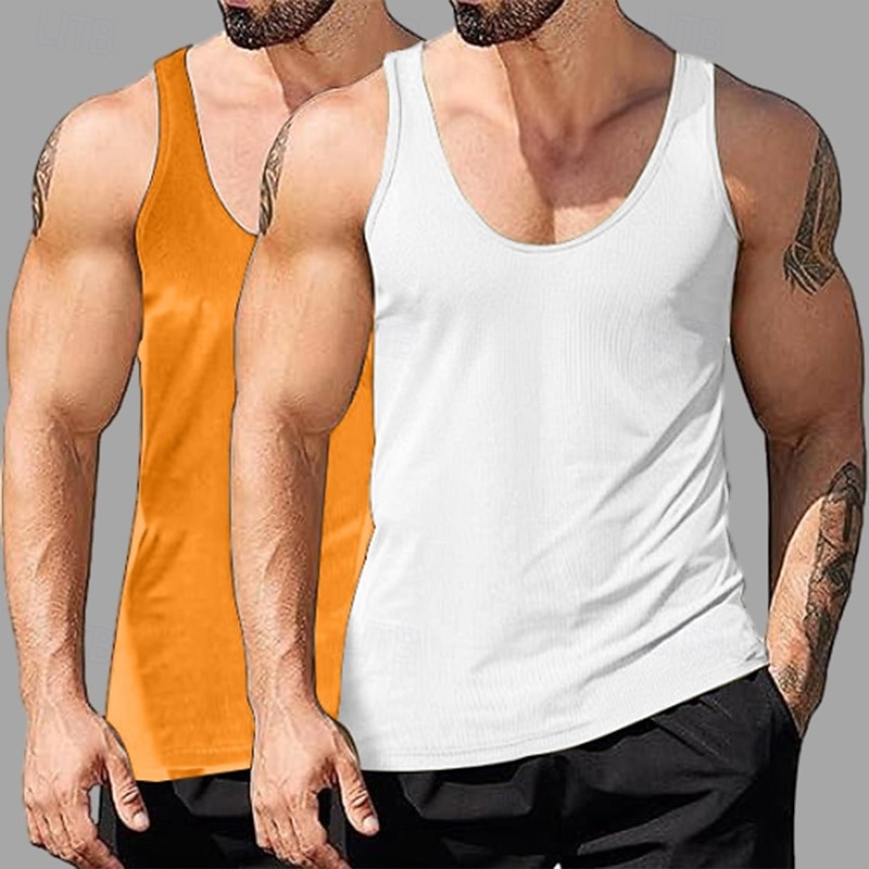 2PCs Men's Tank Top Undershirt Sleeveless Shirt Wife beater Shirt Sleeveless Deep U Scoop Neck Scoop Neck Summer Solid Color Plain Pit Strip Fashion Designer Sporty Ribbed Plain Casual Tank top 2026 - $20.99 –P8