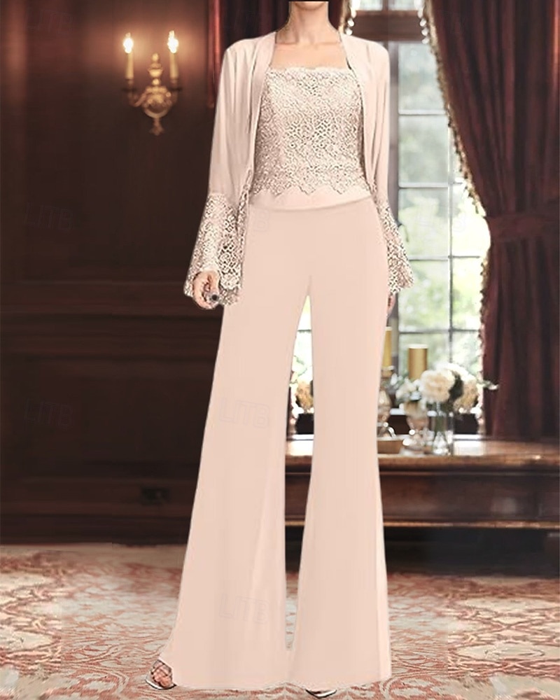 JAEDEN Mutter Der Braut Hosenanzug 3-teilig – Spitzenjacke, Langarm, Chiffon, A-Linie, Elegant, Für Hochzeitsgäste, Abendveranstaltungen, In Verschiedenen Größen