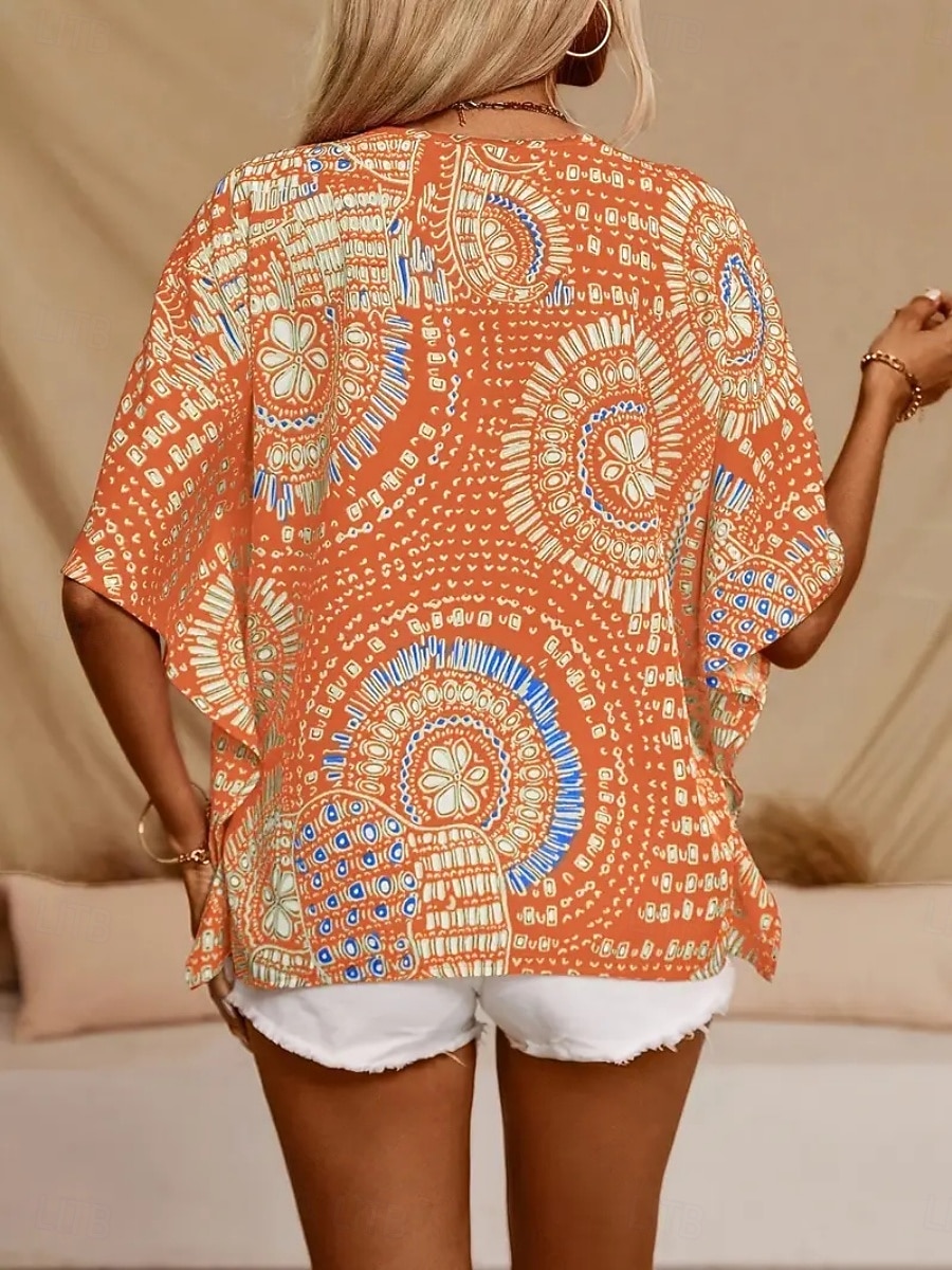 Women's Blouse Print Floral Graphic Bohemia Vintage Casual 3/4 Length Sleeve V Neck Regular Tops Daily Black Red Orange Green Summer Spring Fall 2026 - $19.99 –P15