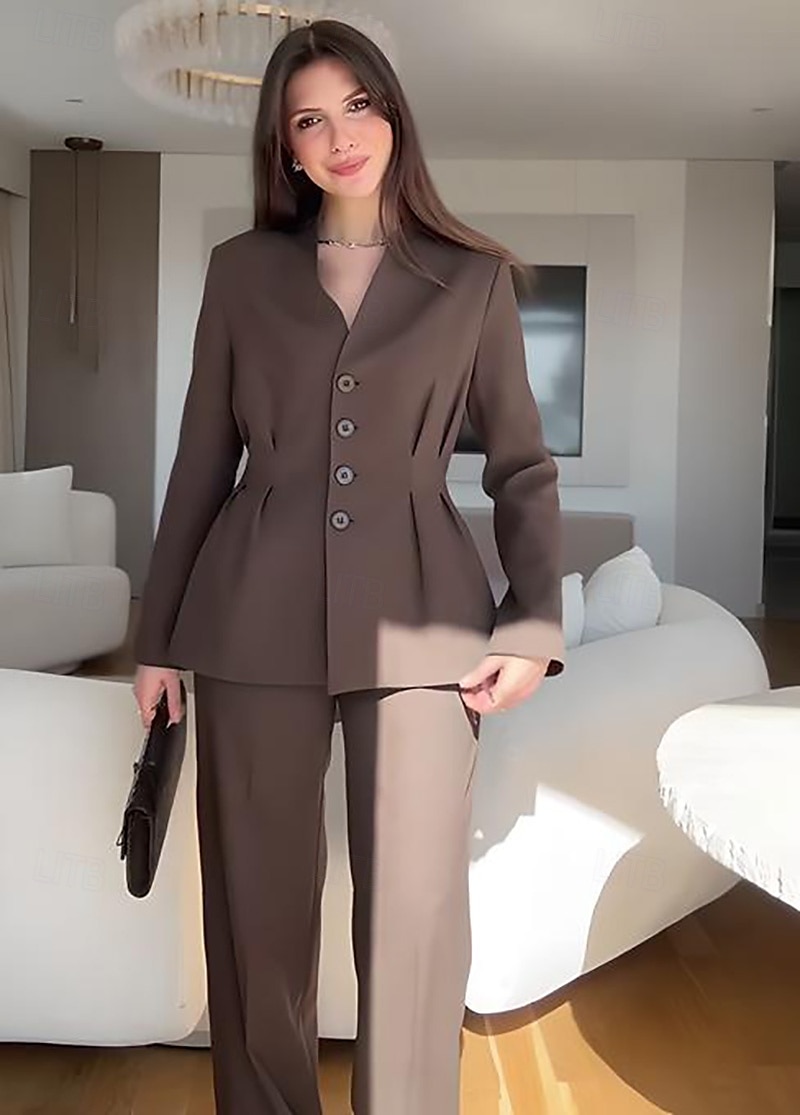 Macacão  Conjunto de Calças 2 Peças Conjunto de Mãe da Noiva Conjunto de Calças com Blazer Sem Gola Elegante Vintage Simples Mangas Longas Comprimento do Chão Calças com Detalhes de Pregas de 2025 por $169.99 –P7