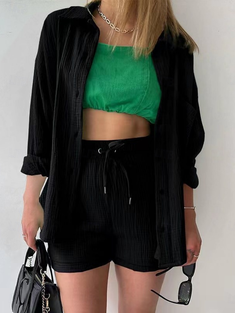 Dames Elegant Modieus Streetwear Katoenen linnen sets Lange mouw Overhemdkraag Effen Kleur Buiten Werk Casual Zwart Paars Oranje Zomer Ruim Passend 2025 - $26.99 –P4