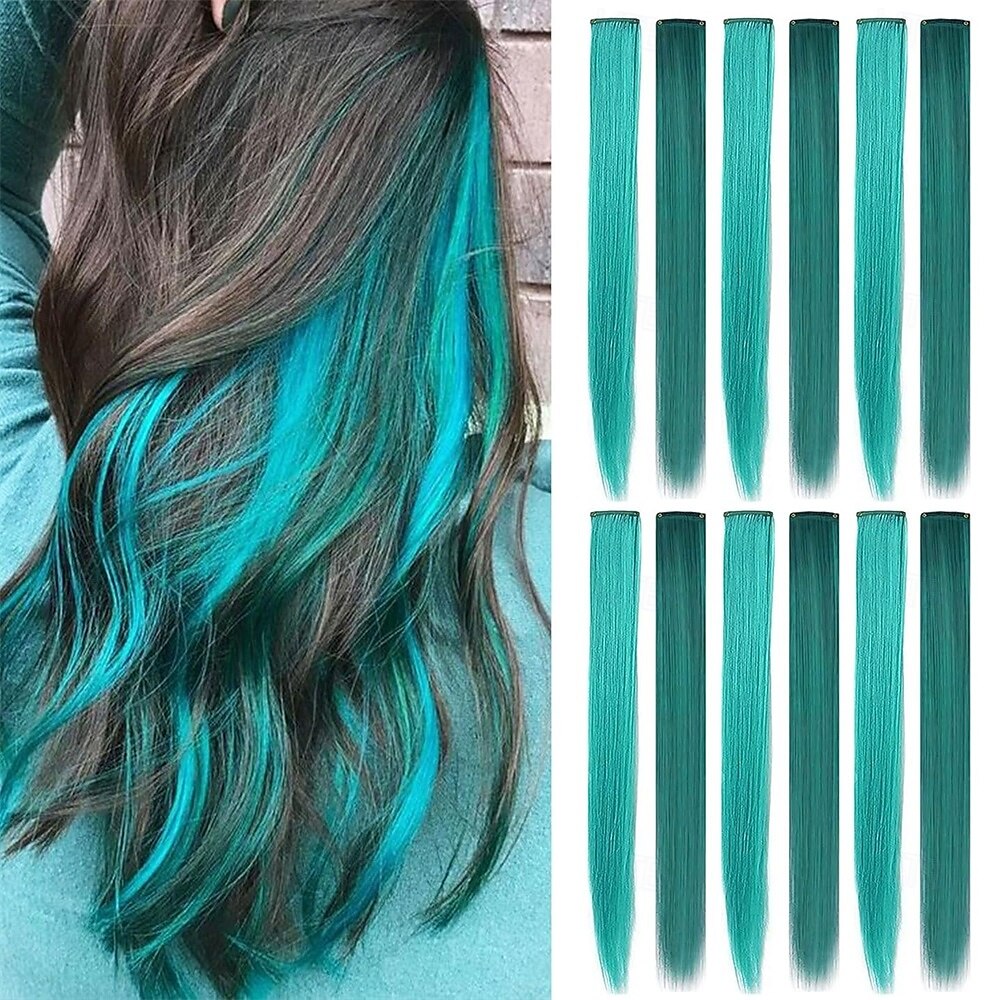 Extensiones de cabello sintético liso con clip de 21 pulgadas, resistentes al calor, para mujeres y niñas, con reflejos de fiesta multicolores, 12 unidades 2025 - $20.99 –P1