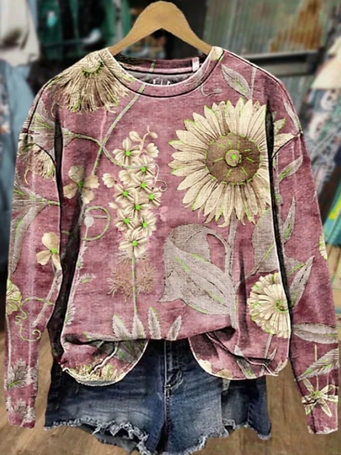 Dame Genser med genser Blomstret Grafisk Fritid Langermet Crew-hals Vanlige topper Gate Hverdag Avslappet Trykt mønster Svart Rosa Blå Oransje Grå Vår Høst Vinter 2025 - $24.99 –P1