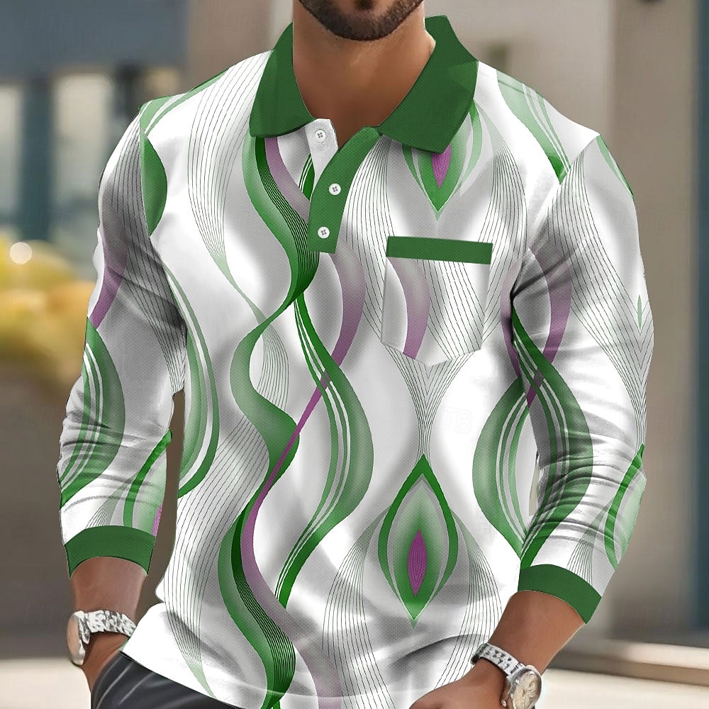 Men's Geometric Polo Long Sleeve Polo Shirts Collared Shirts Casual Business Casual Business Athleisure Daily Wear Buttons Pocket 3D Print Spring Fall Winter Blue Purple Green 2026 - $22.99 –P2