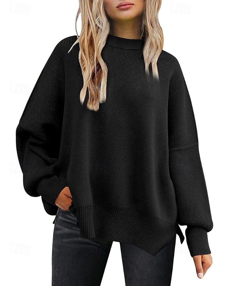 Women's Sweater Pullover Casual Solid Color Ribbed Crew Neck Knitted Long Sleeve Regular Tops Knit Going out Weekend Black White Fall 2025 - $28.99 –P3