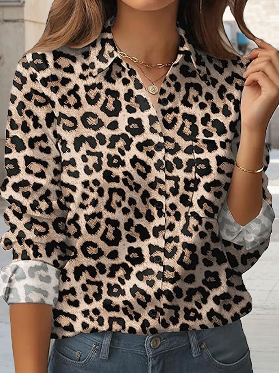 Dame Skjorte Grafisk Leopard Årgang Stilfull Fritid Langermet Skjortekrage Vanlige topper Arbeid Daglig Ferie Knapper Lomme Trykt mønster Blå Lilla Brun Grønn Vår Høst 2025 - $32.99 –P1