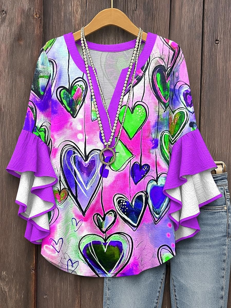 Women's Blouse Heart Graphic Bohemia Vintage Daily 3/4 Length Sleeve V Neck Regular Tops Daily Holiday Print Red Blue Purple Green Summer Spring Fall 2025 - $29.99 –P4