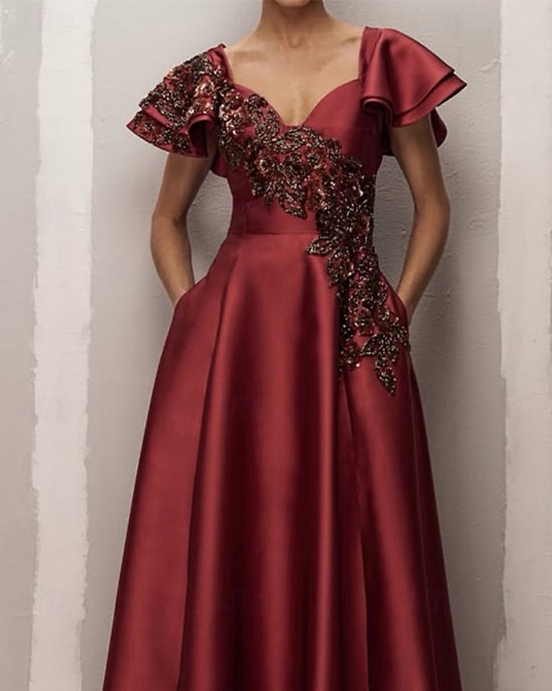 Rust A-Line Evening Gown Elegant Dress Formal Wedding Floor Length Ruffle Short Sleeve Satin with Beaded Lace Applique and Pockets 2025 2025 - $159.99 –P2