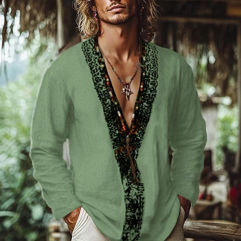 Herren Hemd Leinenhemd Wikinger-Stil Popover-Hemd Sommerhemd Strandbekleidung Einfarbig Urlaub Straße Weiß Rosa Himmelblau Grün Langarm V Ausschnitt Sommer Frühling Bekleidung 2025 - $23.99 –P3