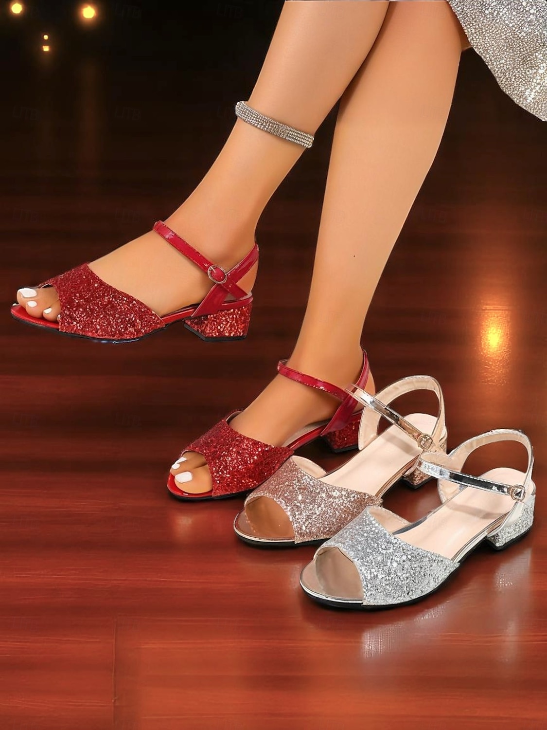 Sandalias de tacón cuadrado con purpurina en oro rosa para mujer: zapatos de fiesta brillantes con punta abierta y correa en el tobillo para eventos nocturnos y clubes. 2025 - $26.99 –P1
