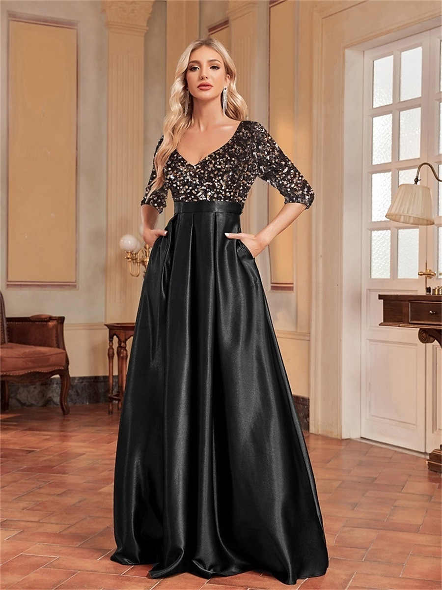 A-Line Quinceanera Dresses Elegant Dress Formal Wedding Floor Length Long Sleeve V Neck Polyester with Sequin 2025 - $99.99 –P4