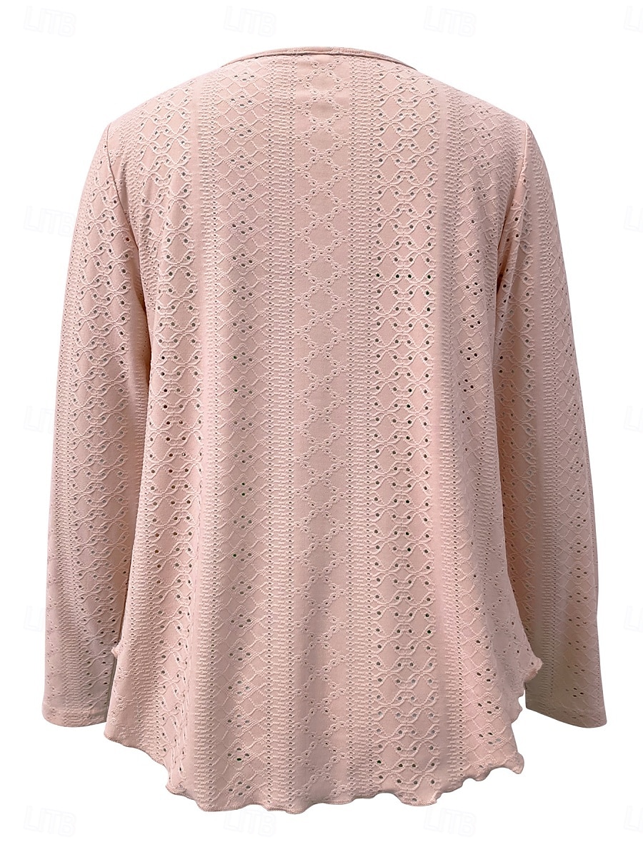 Women's Blouse Solid Color Basic Casual Long Sleeve V Neck Regular Tops Daily Eyelet Black White Pink Khaki Summer 2025 - $17.99 –P11