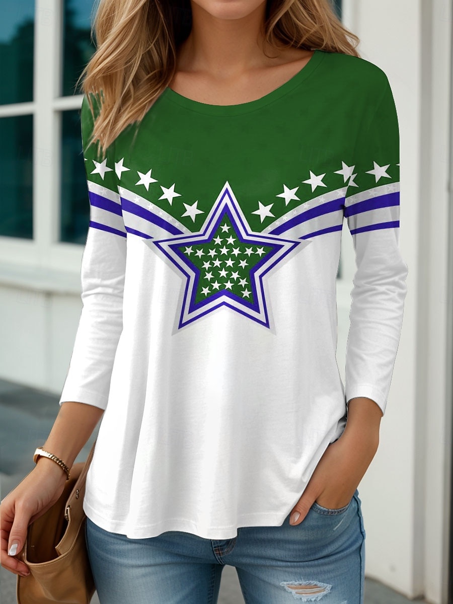 T-shirt patriotique pour la Journée de l'Indépendance pour femmes graphique du drapeau vintage élégant classique encolure ronde tops réguliers quotidiens impression bleu violet vert automne de 2026 ? $24.99 –P2