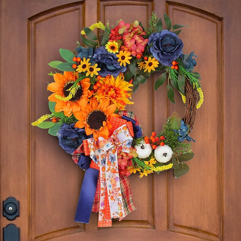 Couronne d'automne pour porte d'entrée, Thanksgiving, récolte d'automne, décoration intérieure et extérieure, couronne de vigne artificielle de tournesol bleu, décoration murale pour les fêtes de 2025 ? $38.99 –P5