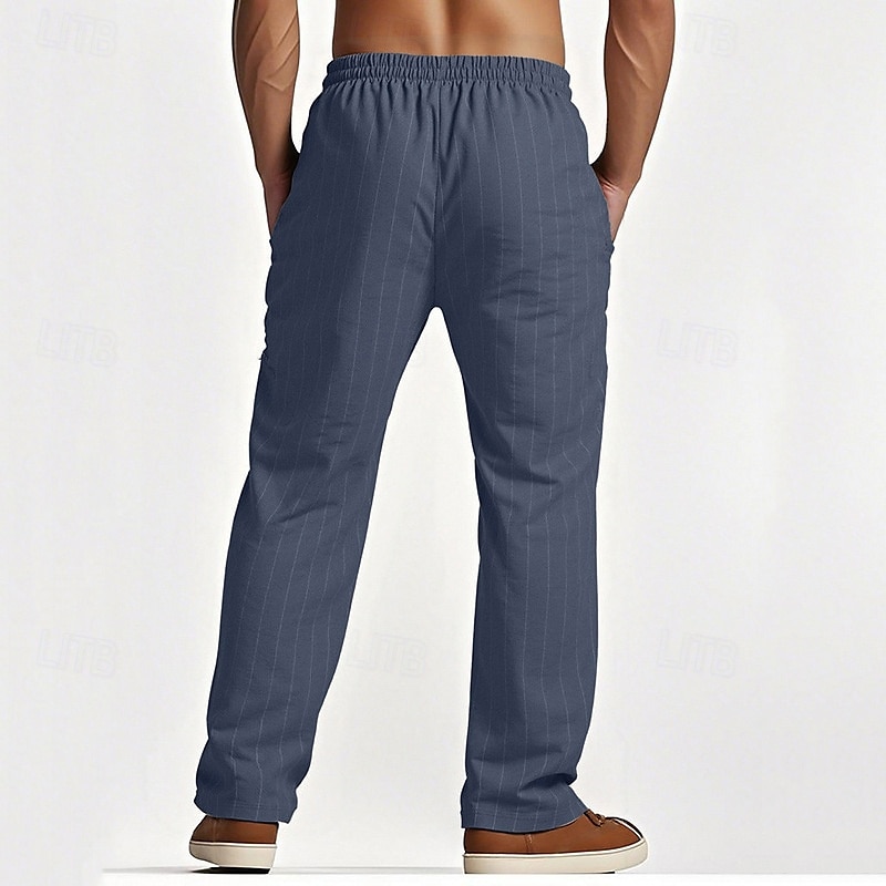 Men's Linen Pants Trousers Summer Pants Beach Pants Pocket Elastic Waist Drawstring Striped Comfort Breathable Vacation Daily Holiday Hawaiian Boho Black White 2025 - $21.99 –P10