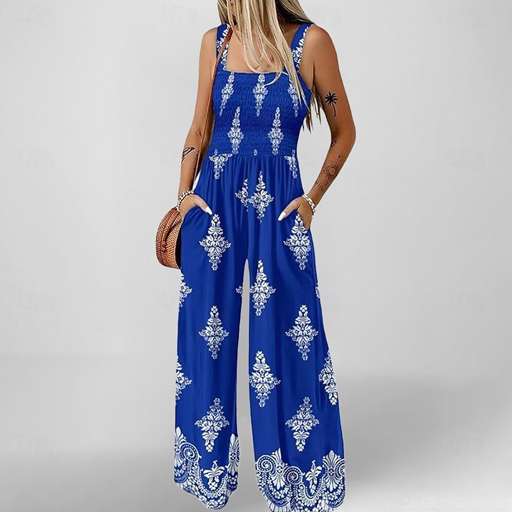 Dam Jumpsuits Aktiv Blommig Ärmlös Brett skaft kall axel Semester Hem Lös passning Svart diamant Blå Khaki grön Sommar 2025 - $28.99 –P4