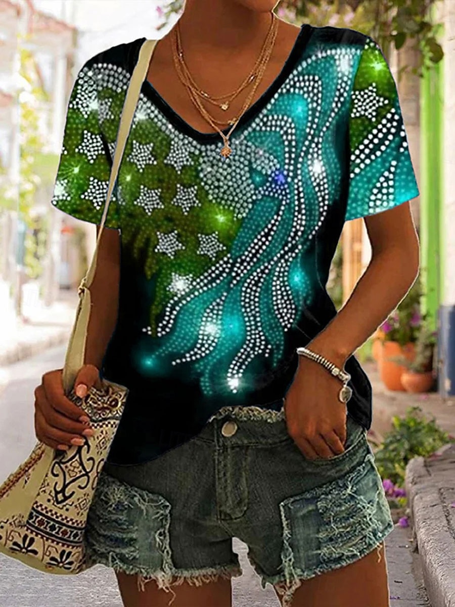 Függetlenség Napja Hazafias Női póló Grafikai Zászló Vintage Stílusú Klasszikus Rövid Ujjú V Nyakú Normál Pólók Napi Nyomtatás Fekete Lila Zöld Nyár Tavasz 2026 - $21.99 –P4