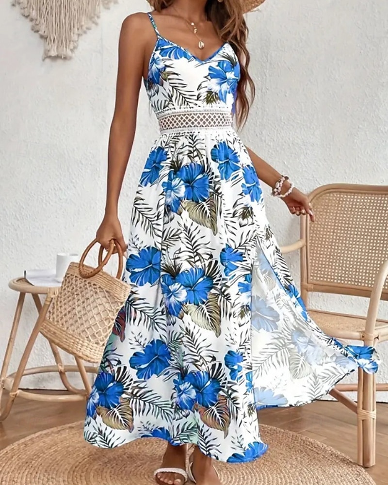 Dámské Midi šaty Květinové šaty Letní šaty Slip Dress Šaty s potiskem Módní Klasické Moderní Dovolená Denní Jdeme ven Běžný Květiny Bez rukávů Popruhy Rubínově červená Vodní modrá Trávová zelená Léto 2025 - $24.99 –P15