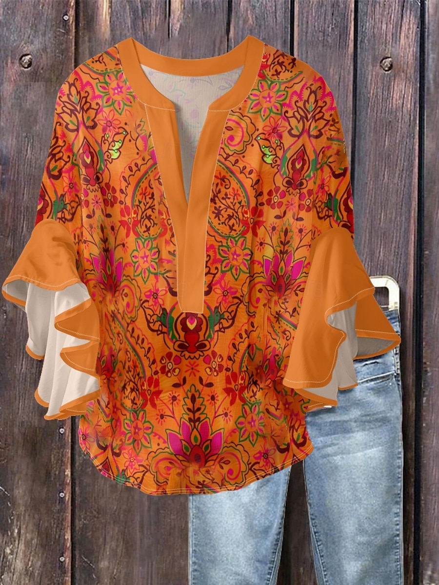Mujer Blusa Volante Estampado Floral Elegante Moderno Manga 3/4 Escote en Pico Tops regulares Diario Festivos Azul Piscina Rosa Naranja Verde Trébol Verano 2026 - $37.99 –P1