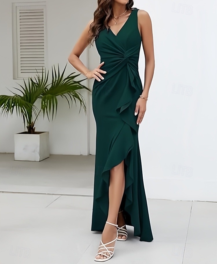 Havfrue  Trompet Bryllupsgjest Kjoler Elegant Kjole Bryllup Bryllupsgjest Gulvlengde Uten ermer V Hals Stretch Crepe med Rynkede Volanger Split 2025 - $158.99 –P1