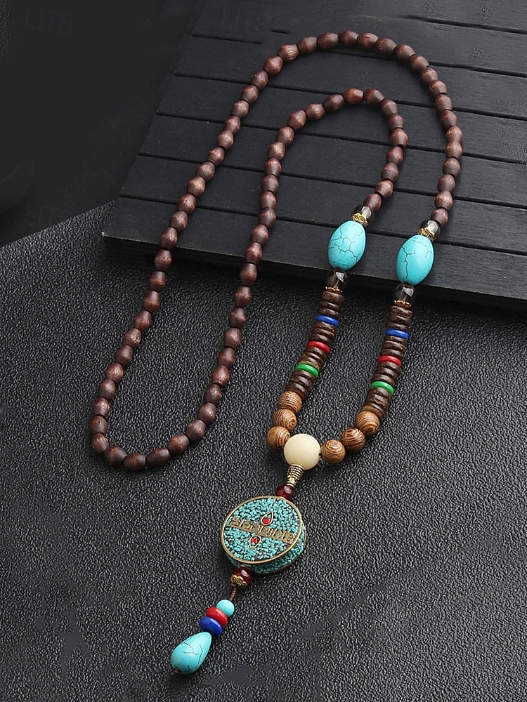 Collier pendentif en perles tribales pour homme – perles ethniques en bois faites à la main avec des accents turquoise, style bohème pour une tenue décontractée, de yoga, de méditation ou de festival de 2025 ? $11.99 –P3