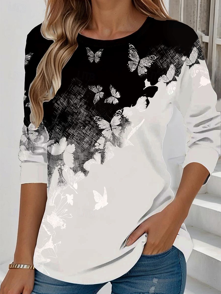 Maglietta da donna a manica lunga Collo tondo Maglietta a manica lunga Tunica Floreale Elegante Carina Top Regolari Quotidiani Uscita Weekend Stampa Nera Rossa Blu Viola Verde Primavera Autunno del 2026 a $24.99 –P2